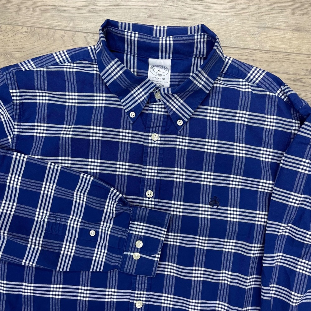 Brooks Brothers Button Up Mens XL Blue Plaid Regent Fit Stretch Cotton Blend